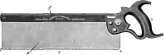 Backsaw, a, blade; b, handle; c, teeth; d, tip; e, heel; f, back.