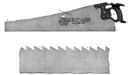 Ripsaw, a, blade; b, handle; e, teeth; d. tip; e, heel.