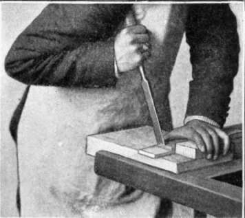 Fig. 110.   Correct Use of the Chisel in Fitting a Shoulder.