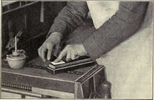 Fig. 52. Whetting or Oilstoning the Plain Side of the Plane Iron.