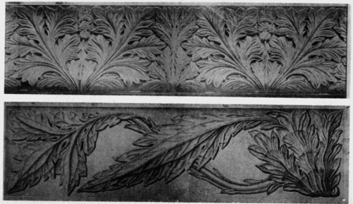 XIV.   Two designs for Carving, by Philip Webb. One executed, one in drawing.