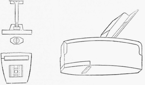 Fig. 58. Showing an iron faced smoothing plane, with elevation of screw bolt, plan of head and cap, and plan of iron face.