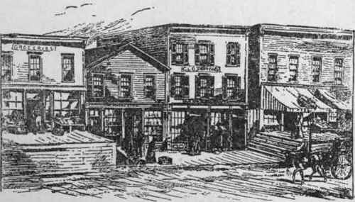 Clark Street, Chicago, in 1857. Showing raised buildings and sidewalks, as city level was altered.