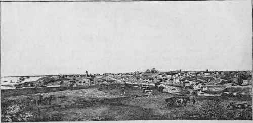 Cleveland, 1796. The first streets run up the hill from the river docks.