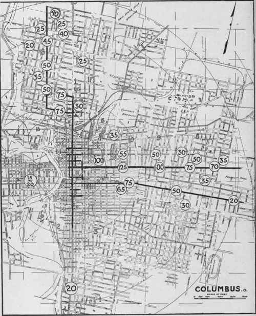 Columbus, 0. Residence section. Figures represent value of corners, for lot of average width and depth, in dollars per front foot.