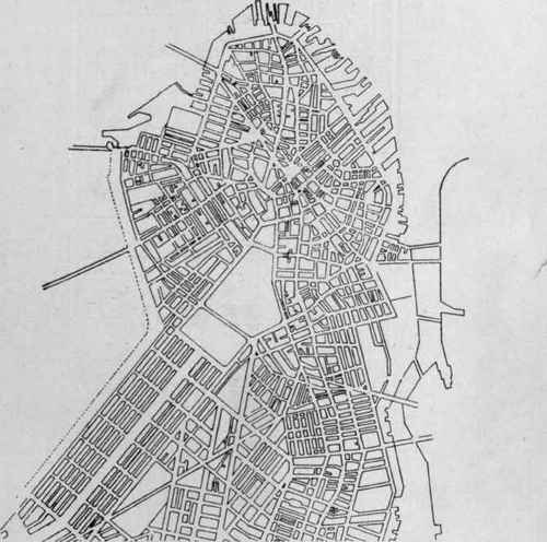 Irregular platting in old sections. Rectangular platting in new sections, especially in Back Bay District, Boston.