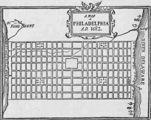 Philadelphia, 1682. Old plat shows central square, now the municipal center.