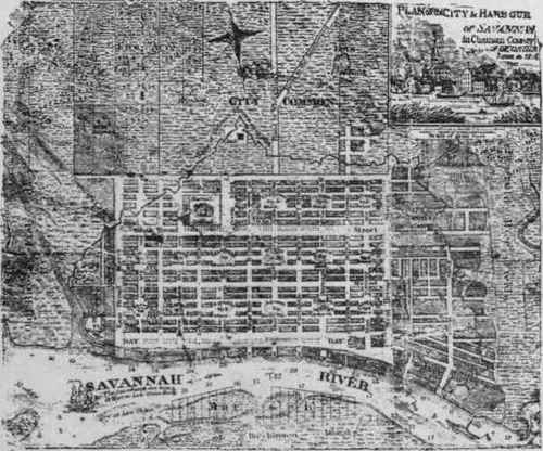 Savannah, 1818. Showing line of fortifications, also rice swamps on either side, which have restrained growth of city to one direction.