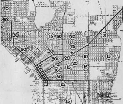 Seattle. Residence section. Figures represent value of corners, for lot of average width and depth, in dollars, per front foot.
