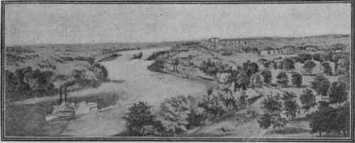 St. Anthony, 1857, now East Minneapolis, on east side of river. Minneapolis itself originated as an overflow from St. Anthony, the starting point being determined by the bridge resting on the islands shown.