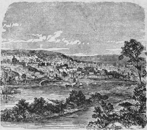 St. Paul in 18(58. City started at deep water and high bank, making good steamboat landing. Climbed hill to Seven Corners, then grew east on lower level towards railroad station.
