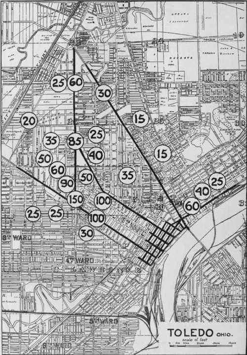 Toledo. Residence section. Figures represent value of corners, for lot of average width and depth, in dollars per front foot.