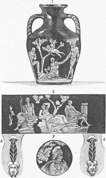 1. The Portland Vase. 2. Opposite figures enlarged. 3. Device on bottom. 4, 4. Devices on handles.