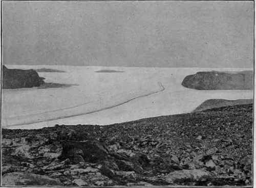 Edge of the Greenland ice sheet, with a glacier descending from it.