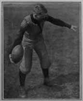 Position to hold the ball just before making under hand pass Ann should swing forward like a pendulum. fingers well around the end to make it revolve properly when passed.